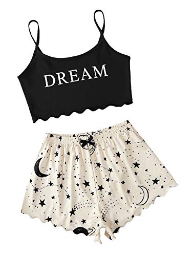 DIDK Damen Pyjama Sets 2-Teiler Crop Cami Top Shortsets mit Galaxie Muster Schlafanzug Home-Set mit Wellensaum Schwarz und Beige L von DIDK