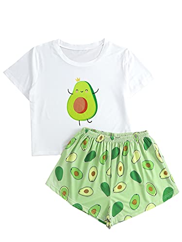 DIDK Damen Pyjama Sets Vielfarbig Lässig Kurzarm Shirt Hosensets Schlafanzüge Home-Sets mit Avocado Muster Avocado Weiß Grün L von DIDK