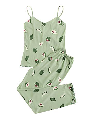 DIDK Damen Pyjama Sets Vielfarbig Spaghettiträger Shirt Hosensets Schlafanzüge mit Wellensaum Cami PJ Set Träger Oberteil Sleepwear Avocado-Grün L von DIDK