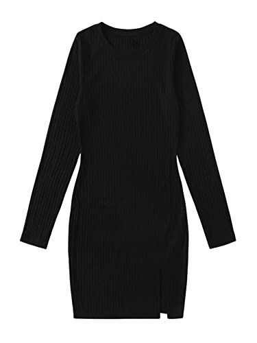 DIDK Damen Rippenstrick Kleid Langarm Bodycon Einfarbig Freizeitkleid Figurbetont Partykleid mit Schlitz Minikleid Rundhals Kleider Schwarz S von DIDK