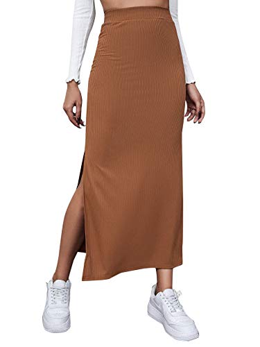 DIDK Damen Rock Elegant Maxirock Rockabilly Vintage Retro Röcke mit Schlitz Casual Freizeitrock Lang Hohe Taille Skirt Partyrock Braun L von DIDK