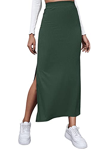 DIDK Damen Rock Elegant Maxirock Rockabilly Vintage Retro Röcke mit Schlitz Casual Freizeitrock Lang Hohe Taille Skirt Partyrock Dunkelgrün M von DIDK