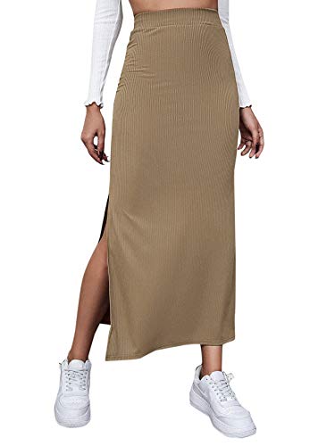 DIDK Damen Rock Elegant Maxirock Rockabilly Vintage Retro Röcke mit Schlitz Casual Freizeitrock Lang Hohe Taille Skirt Partyrock Khaki L von DIDK