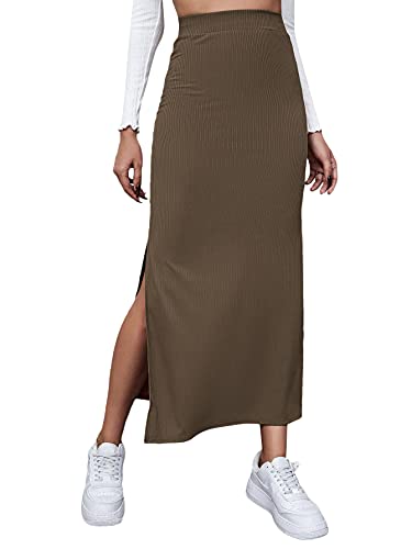 DIDK Damen Rock Elegant Maxirock Rockabilly Vintage Retro Röcke mit Schlitz Casual Freizeitrock Lang Hohe Taille Skirt Partyrock Mokka Braun M von DIDK