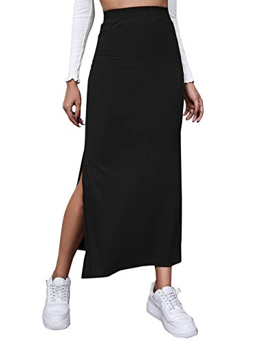 DIDK Damen Rock Elegant Maxirock Rockabilly Vintage Retro Röcke mit Schlitz Casual Freizeitrock Lang Hohe Taille Skirt Partyrock Schwarz M von DIDK