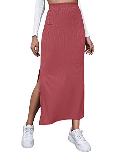 DIDK Damen Rock Elegant Maxirock Rockabilly Vintage Retro Röcke mit Schlitz Casual Freizeitrock Lang Hohe Taille Skirt Partyrock Wassermelonenrosa L von DIDK