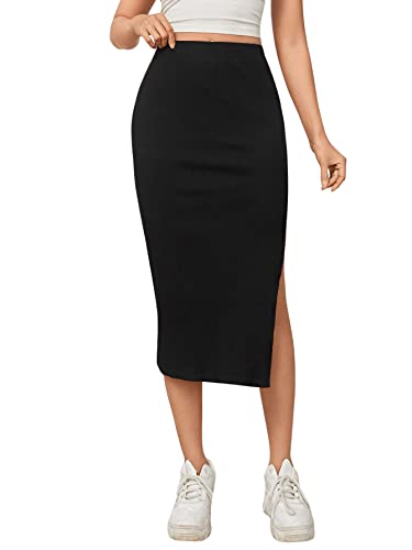 DIDK Damen Rock Elegant Midirock Freizeitrock mit Schlitz Rockabilly Vintage Retro Partyrock Midi Röcke Elastische Bund Skirt Schwarz L von DIDK