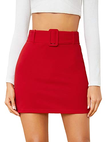 DIDK Damen Rock Elegant Minirock A Linie Röcke Hohe Taille Unterrock Elastischer Bund mit Gürtel Einfarbig Kurz Sommerrock Short Skirt Noos Rock Rot M von DIDK