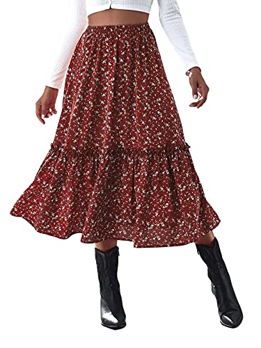 DIDK Damen Rock Midi Röcke Geblümt Herbstrock A Linie Casualrock Elastische Taille Rockabilly Vintagerock Bordeaux L von DIDK