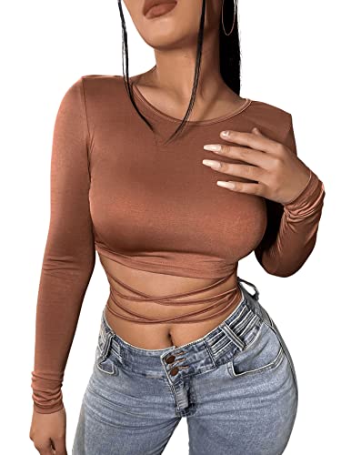 DIDK Damen Rückenfrei Bauchfrei T-Shirts Crop Oberteil Criss-Cross Langarmshirts Rundhals Pullover Kaffeebraun S von DIDK