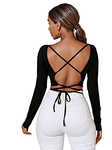 DIDK Damen Rückenfrei Bauchfrei T-Shirts Crop Oberteil Criss-Cross Langarmshirts Rundhals Pullover Schwarz M von DIDK