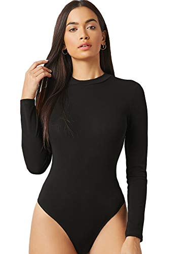 DIDK Damen Rückenfrei Body Langarm Bodysuit O-Neck Schmal Bodys Einfabig Sexy Bories Cut Outs Top Shirts Schwarz M von DIDK