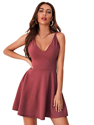 DIDK Damen Rückenfreies Kleid Kreuzgurt Spaghettiträger Sommerkleid A-Linie Skaterkleid V-Ausschnitt Sexy Partykleid Ärmellos Kleider Freiizeitkleid Rosa L von DIDK