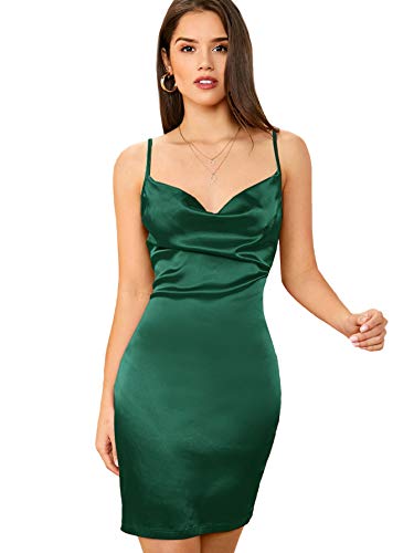 DIDK Damen Satin Kleid Cowl Partykleid Spaghettiträger Abendkleid Bodycon Bleistiftkleid Elegant Camisole Knielang Kleider Grün M von DIDK