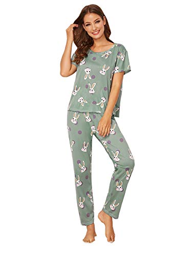 DIDK Damen Schlafanzug Set Pyjama Set Langarm Shirt und Lang Schlafanzughose Sleepwear Zweiteilig Loungewear Grün mit Hasemuster XS von DIDK
