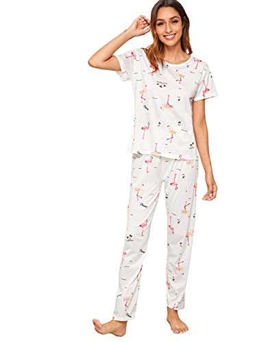 DIDK Damen Schlafanzug Set Pyjama Set Langarm Shirt und Lang Schlafanzughose Sleepwear Zweiteilig Loungewear Weiß mit Flamingo M von DIDK