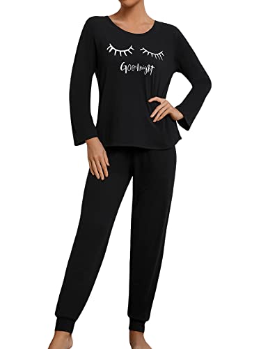 DIDK Damen Schlafanzug Set mit Slogan Kurzarm Shirt und Lang Schlafanzughose Sleepwear Pyjama Set Schwarz mit Goodnight L von DIDK