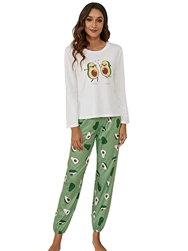 DIDK Damen Schlafanzug Set mit Slogan Kurzarm Shirt und Lang Schlafanzughose Sleepwear Pyjama Set Weiß mit Avocado Muster L von DIDK