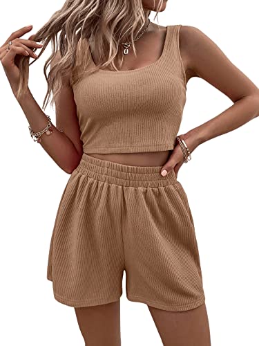 DIDK Damen Shorts und Top Sets 2 Piece Spaghettiträger Bauchfrei Tops Camisole Kurze Hose Hauseanzug Kombi 2-Teiler Home Set Braun L von DIDK