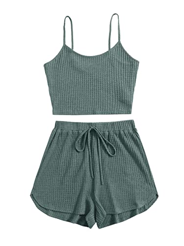 DIDK Damen Shorts und Top Sets 2 Piece Spaghettiträger Bauchfrei Tops Camisole Kurze Hose Hauseanzug Kombi 2-Teiler Home Set Dunkelgrün L von DIDK