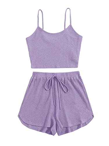 DIDK Damen Shorts und Top Sets 2 Piece Spaghettiträger Bauchfrei Tops Camisole Kurze Hose Hauseanzug Kombi 2-Teiler Home Set Lila L von DIDK