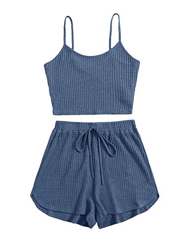 DIDK Damen Shorts und Top Sets 2 Piece Spaghettiträger Bauchfrei Tops Camisole Kurze Hose mit Knoten Hauseanzug Kombi 2-Teiler Home Set Graublau L von DIDK