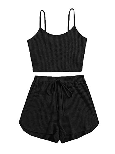 DIDK Damen Shorts und Top Sets 2 Piece Spaghettiträger Bauchfrei Tops Camisole Kurze Hose mit Knoten Hauseanzug Kombi 2-Teiler Home Set Schwarz L von DIDK