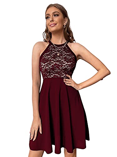 DIDK Damen Spitzenkleid Ärmellos Kleider Partykleid Cocktailkleid A Linie Hohe Taille Neckholder Shortkleid Bordeaux S von DIDK