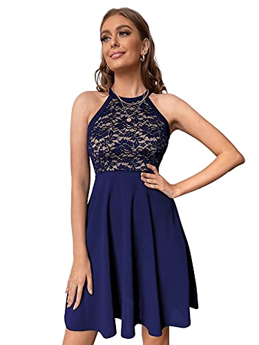 DIDK Damen Spitzenkleid Ärmellos Kleider Partykleid Cocktailkleid A Linie Hohe Taille Neckholder Shortkleid Königsblau S von DIDK