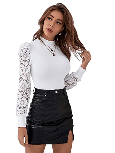 DIDK Damen Stehkragen Langarmshirt mit Spitzenärmeln Einfarbig Oberteil Elegant Weiß M von DIDK