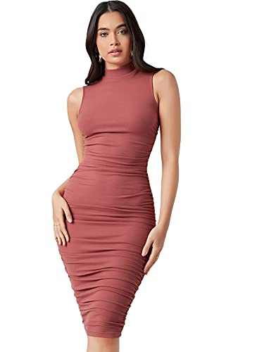 DIDK Damen Stehkragen Midikleid Ärmellos Kleider Bodycon Figurbetont Kleid Knielang Bleistiftkleid Rostige Rose L von DIDK