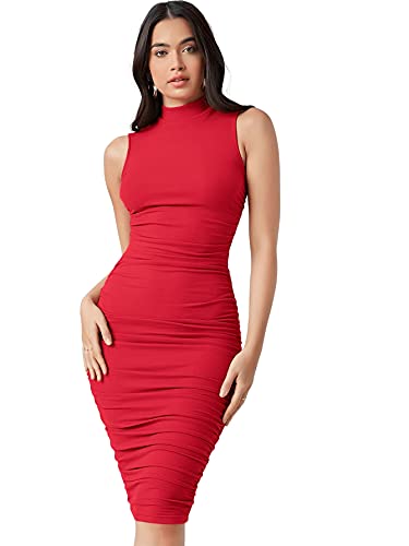 DIDK Damen Stehkragen Midikleid Ärmellos Kleider Bodycon Figurbetont Kleid Knielang Bleistiftkleid Rot M von DIDK