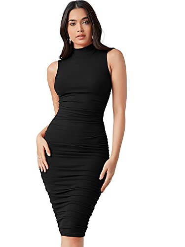 DIDK Damen Stehkragen Midikleid Ärmellos Kleider Bodycon Figurbetont Kleid Knielang Bleistiftkleid Schwarz L von DIDK