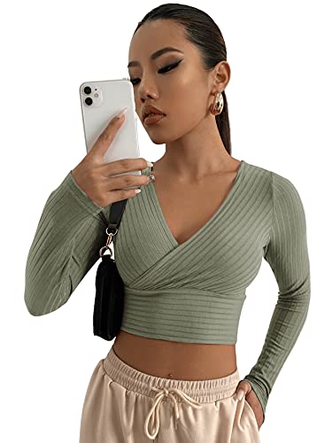 DIDK Damen Strick Crop T-Shirt Bauchfrei Oberteile Tiefer V Ausschnitt Langarmshirt Pullover Cropped Tops Langarm Shirt Armeegrün XS von DIDK