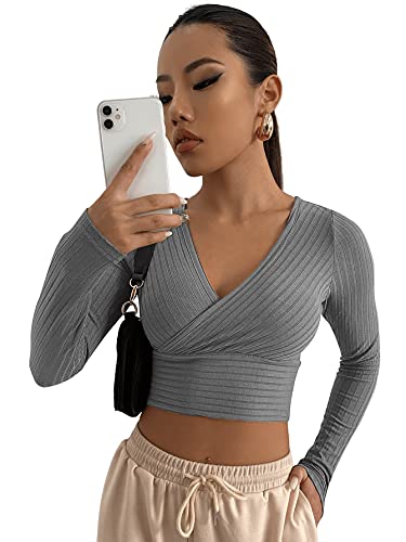 DIDK Damen Strick Crop T-Shirt Bauchfrei Oberteile Tiefer V Ausschnitt Langarmshirt Pullover Cropped Tops Langarm Shirt Grau XS von DIDK