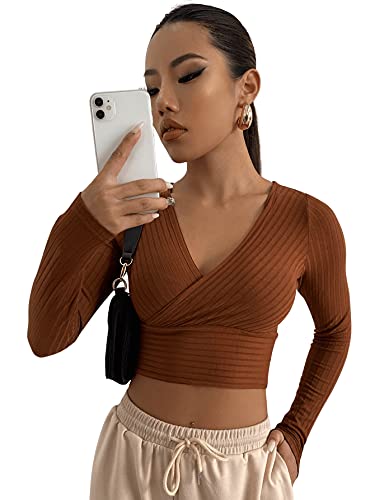 DIDK Damen Strick Crop T-Shirt Bauchfrei Oberteile Tiefer V Ausschnitt Langarmshirt Pullover Cropped Tops Langarm Shirt Kaffeebraun L von DIDK