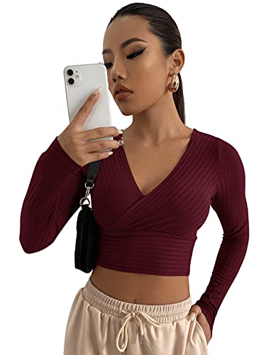 DIDK Damen Strick Crop T-Shirt Bauchfrei Oberteile Tiefer V Ausschnitt Langarmshirt Pullover Cropped Tops Langarm Shirt Kastanienbraun L von DIDK