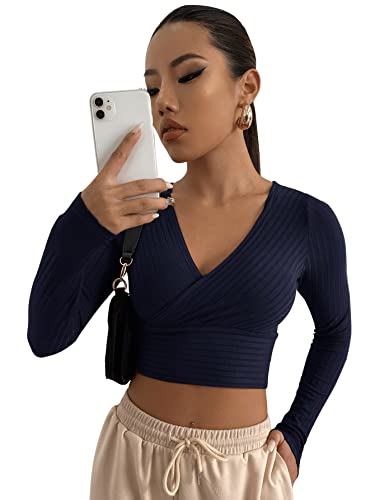 DIDK Damen Strick Crop T-Shirt Bauchfrei Oberteile Tiefer V Ausschnitt Langarmshirt Pullover Cropped Tops Langarm Shirt Marineblau L von DIDK