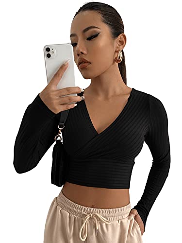 DIDK Damen Strick Crop T-Shirt Bauchfrei Oberteile Tiefer V Ausschnitt Langarmshirt Pullover Cropped Tops Langarm Shirt Schwarz L von DIDK