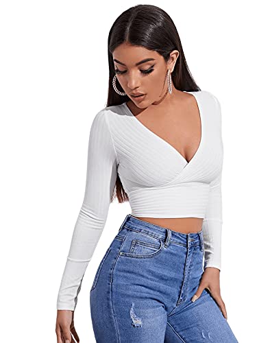 DIDK Damen Strick Crop T-Shirt Bauchfrei Oberteile Tiefer V Ausschnitt Langarmshirt Pullover Cropped Tops Langarm Shirt Weiß XL von DIDK