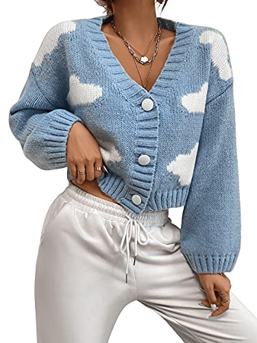 DIDK Damen Strickjacke Cropped Jacke Cardigan Mantel mit Wolken Muster V-Ausschnitt Sweater Jacke mit Knöpfen vorne Blau L von DIDK