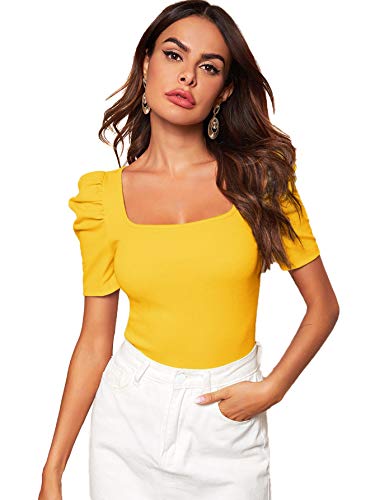 DIDK Damen Strickshirt Kurzarmshirt Elegant Tops Pullover T-Shirt mit Puffärmeln Shirts Oberteile Einfarbig Pulli Casual Tunika Basic Top Gelb#2 L von DIDK