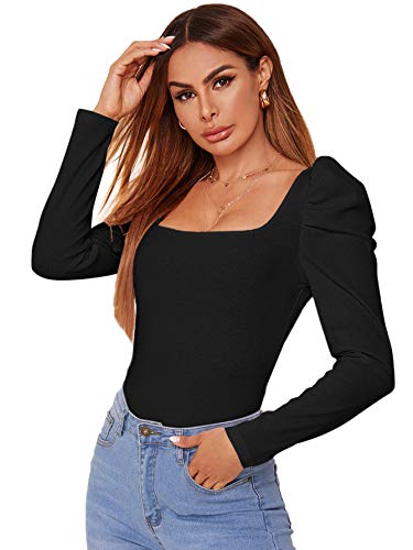 DIDK Damen Strickshirt Kurzarmshirt Elegant Tops Pullover T-Shirt mit Puffärmeln Shirts Oberteile Einfarbig Pulli Casual Tunika Basic Top Schwarz#6 L von DIDK