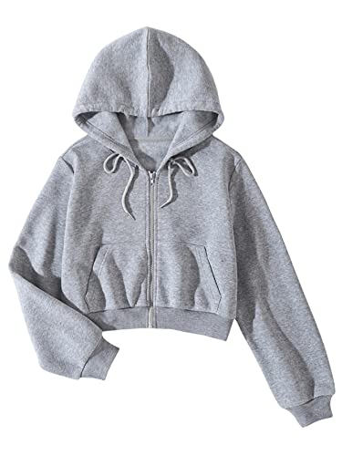 DIDK Damen Sweatjacke Kaputzenjacke Kurz Sweatshirt Crop Hoodie Langarm Oberteile Taschen Cropped Kapuzenpullover mit Zip und Kordelzug Grau L von DIDK