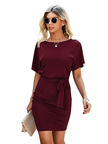 DIDK Damen T-Shirt Kleider Basic Shortkleid Rundhals Freizeitkleider Casual Sommerkleid mit Gürtel Kurzarm Tunika Kleid Locker Minikleid Kastanienbraun L von DIDK