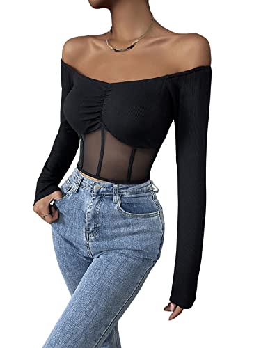 DIDK Damen T-Shirt Schulterfrei Tops Langarm Shirts Slim Oberteil mit Herzausschnitt Einfarbig Basicshirt Mesh-Schwarz M von DIDK