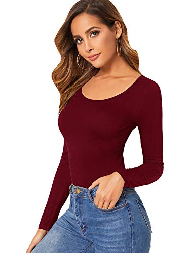 DIDK Damen T-Shirt U-Ausschnitt Langarmshirts Einfarbig Tops Basic Shirts Oberteile Slim Casual Top Langarm Hemd Pullover Elegant T-Shirts Bordeaux M von DIDK