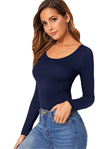 DIDK Damen T-Shirt U-Ausschnitt Langarmshirts Einfarbig Tops Basic Shirts Oberteile Slim Casual Top Langarm Hemd Pullover Elegant T-Shirts Marineblau M von DIDK