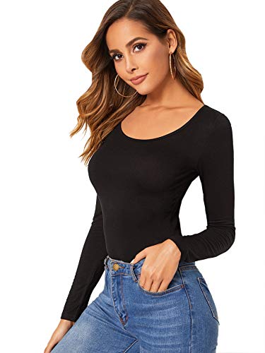 DIDK Damen T-Shirt U-Ausschnitt Langarmshirts Einfarbig Tops Basic Shirts Oberteile Slim Casual Top Langarm Hemd Pullover Elegant T-Shirts Schwarz L von DIDK