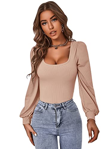 DIDK Damen T-Shirts U-Ausschnitt Langarm Schmal Oberteile Pullover Casual Langarmshirt Basic Tops Aprikosenfarben L von DIDK